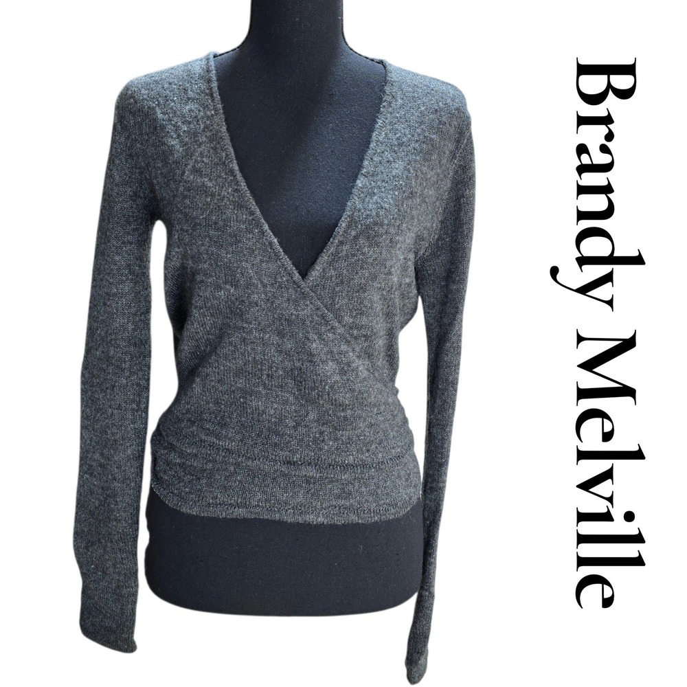 Brandy Melville Wrap Sweater Womens OS Grey Mohair Wool Balletcore Fuzzy Tie Top